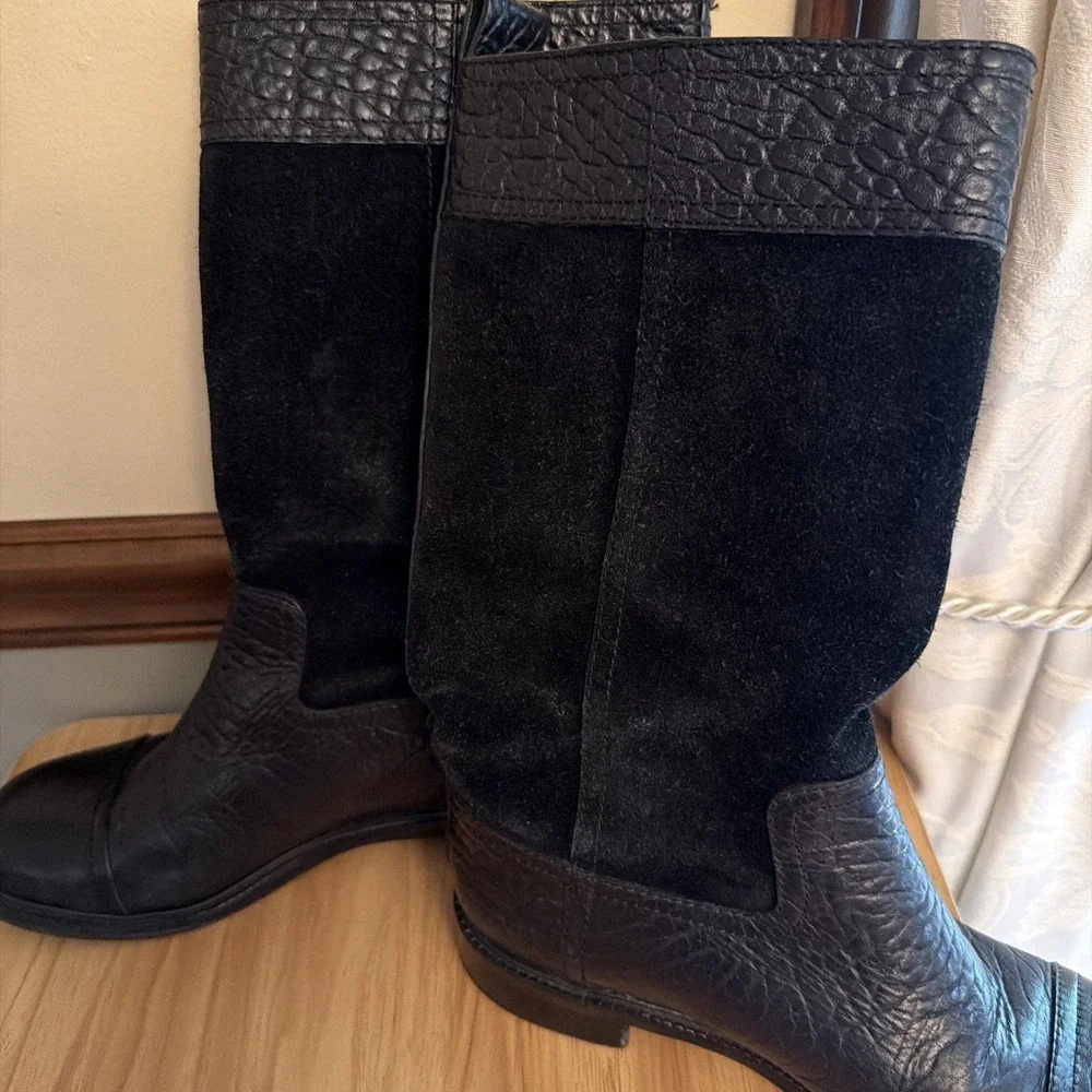 Tory Burch Black Leather Suede Mid Calf Riding Boots Logo Women 7 Round Toe 7M